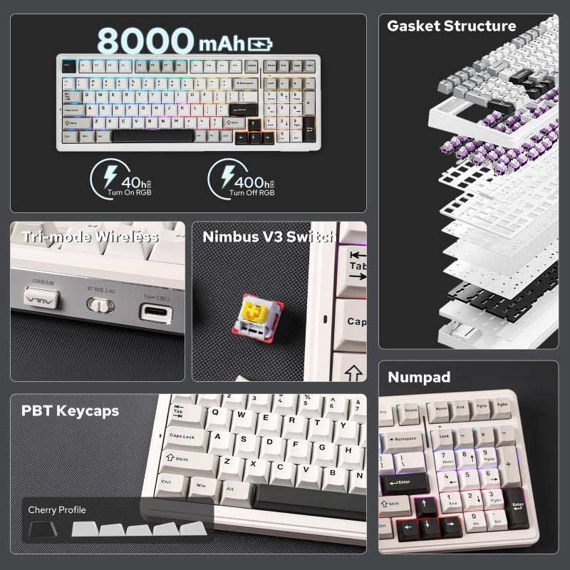 EPOMAKER x AULA F99 Wireless Mechanical Keyboard, Hot Swappable Gasket Custom Gaming Keyboard with Five-Layer Padding, Bluetooth/2.4GHz/USB-C, 8000mAh Battery (White Grey, Nimbus V3 Switch) - Image 2