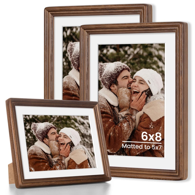 Axeman Axeman 6x8 Natural Solid Oak Wood Picture Frame with 5x7 Mat  Premium Rustic Wooden Photo Frames with Plexiglass  Poster Photo Frame Suitable for Gallery Wall Mount or Tabletop  Walnut  3 Packs - Image 1