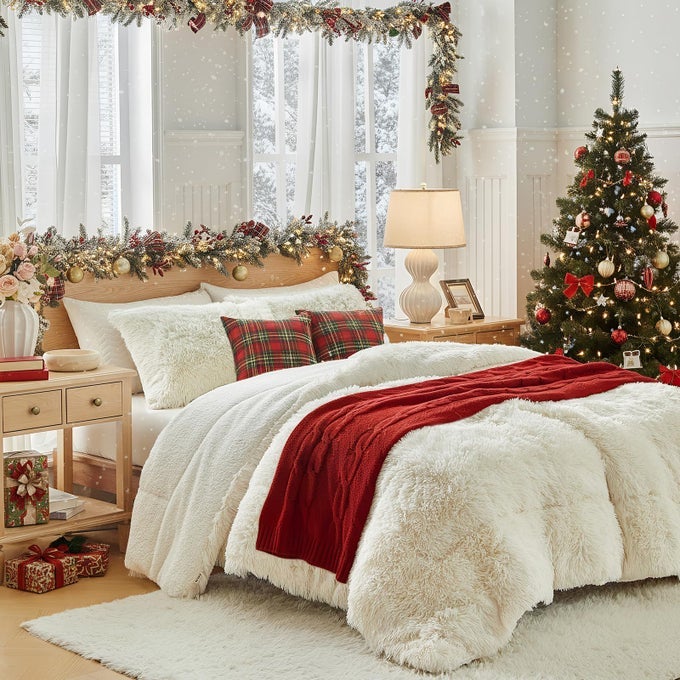 FAUX FUR SHAGGY COMFORTER SET QUEEN 3 PIECES 1 CREAM WHITE COMFORTER SET WITH SHERPA AND 2 PILLOWCASES ULTRA SOFT AND EASY CARE LUXURY PLUSH SHAGGY SUPER SOFT AND WARM BEIGE DUVET SET