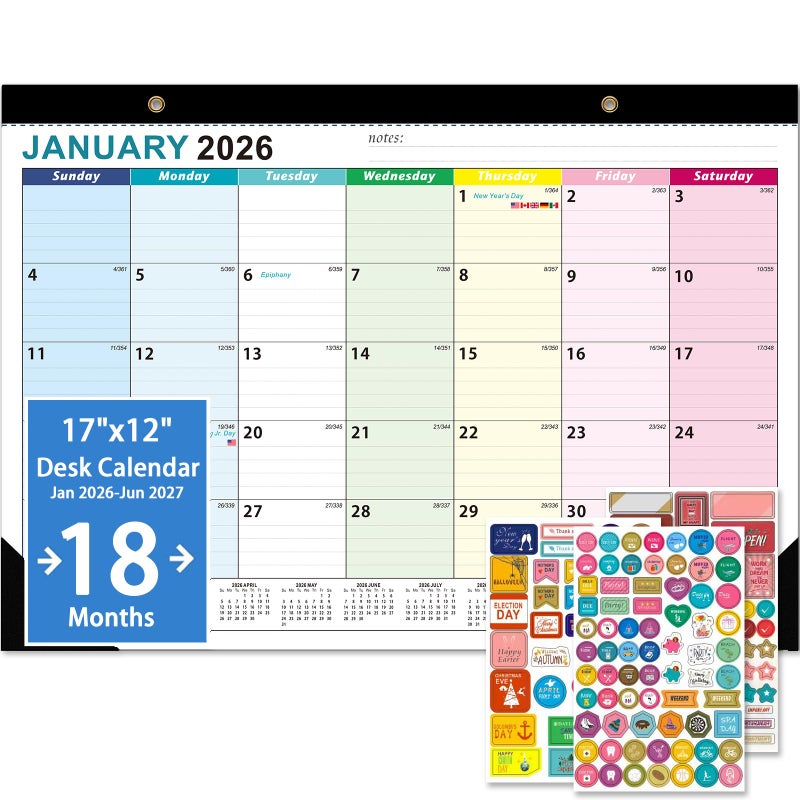 Dayvorax 2026 Desk Calendar - 18 Monthly Calendar 2026-2027, Jan 2026 - Jun 2027, 17" x 12", Large Desk Calendar 2026-2027 with Thick Paper, Large Blocks, Stickers, Home or Office Calendar for Easy Organizing - Image 1