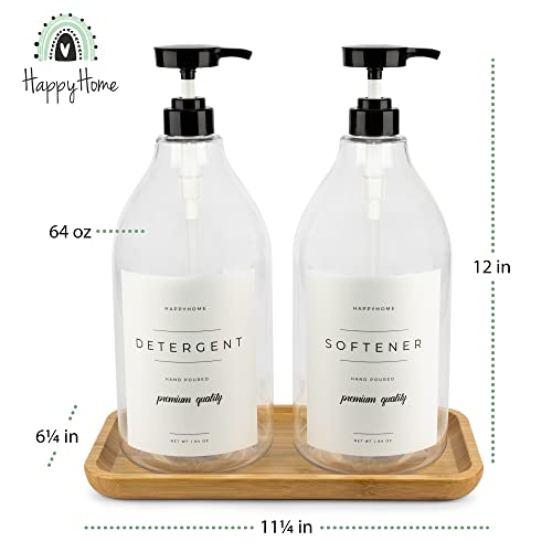 Happy Home Laundry Detergent Dispenser - Fabric Softener Liquid Dispenser for Laundry Room - 64oz Plastic Soap Dispenser, Waterproof Labels, Collapsible Funnel, Extra Labels, Measuring Cup&Bamboo Tray - Set of 2 - Image 2