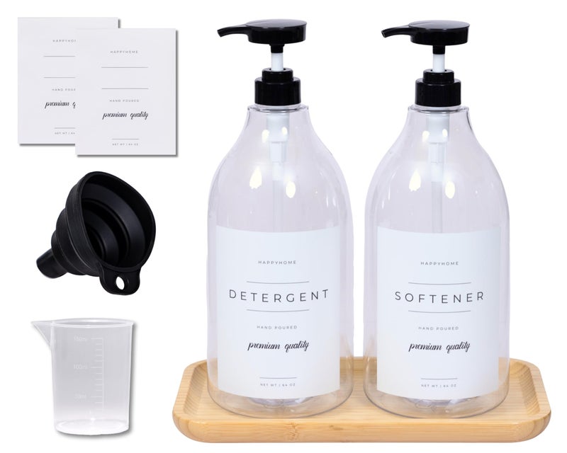 Happy Home Laundry Detergent Dispenser - Fabric Softener Liquid Dispenser for Laundry Room - 64oz Plastic Soap Dispenser, Waterproof Labels, Collapsible Funnel, Extra Labels, Measuring Cup&Bamboo Tray - Set of 2 - Image 1
