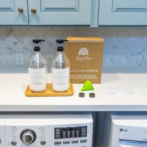 Happy Home Laundry Detergent Dispenser - Fabric Softener Liquid Dispenser for Laundry Room - 64oz Plastic Soap Dispenser, Waterproof Labels, Collapsible Funnel, Extra Labels, Measuring Cup&Bamboo Tray - Set of 2 - Image 4