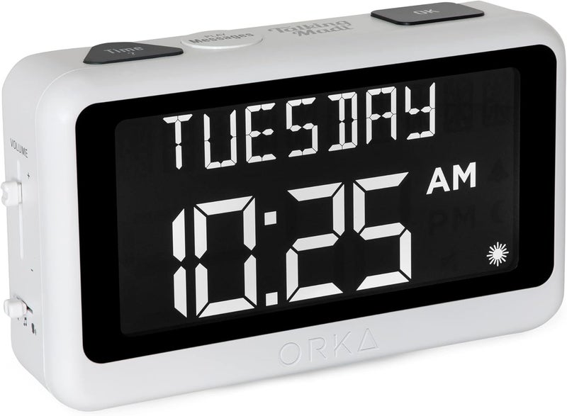 ORKA Talking Clock Voice Recordable Ex Large Medication Pill Reminder Talking Alarm Clock for Dementia Hearing Visually impaired SeniorsDigital Day Clock with Multiple Customized Alarms White