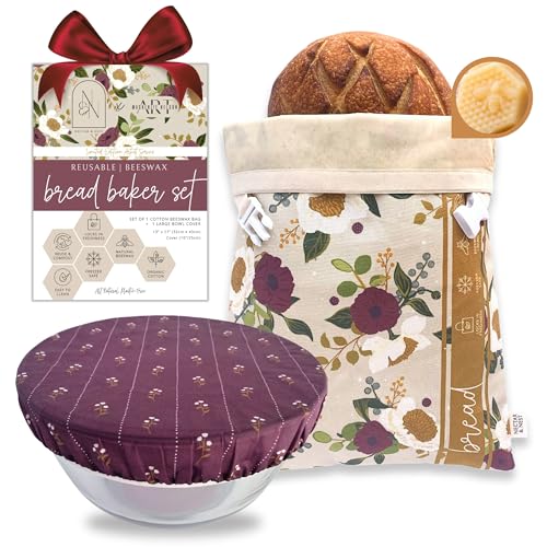 Nectar & Nest Bread Baker Set, Reusable Beeswax Bread Bags for Homemade Bread, Sourdough Bag, Organic Cotton Beeswax Bowl Cover, Limited-Edition Artist Series (December Blooms by Mackenzie Nelson Art) - Image 1