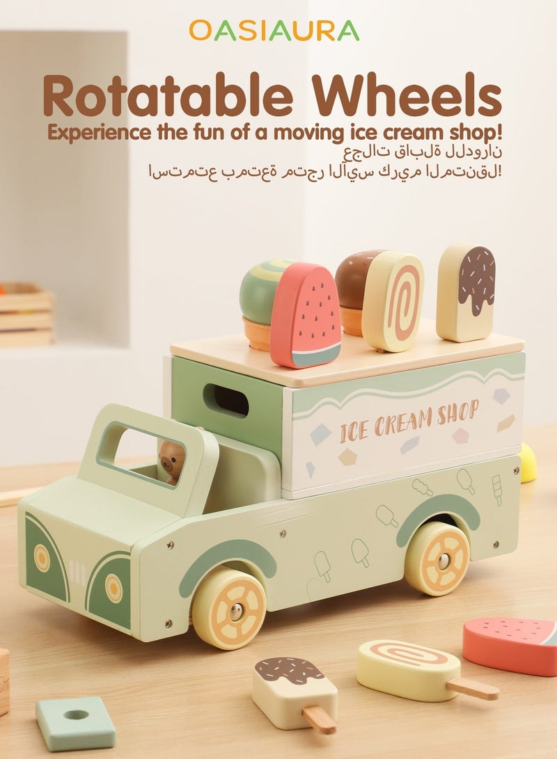 OASIAURA 3 in 1 Wooden Ice Cream Car & Fruit Cutting Playset for Toddlers, Pretend Play Food & Ice Cream Shop Toy with Rolling Wheels, Portable Storage Box, Macaron Green, Educational Kitchen Play Toys for Kids Ages 2-6 - Image 2