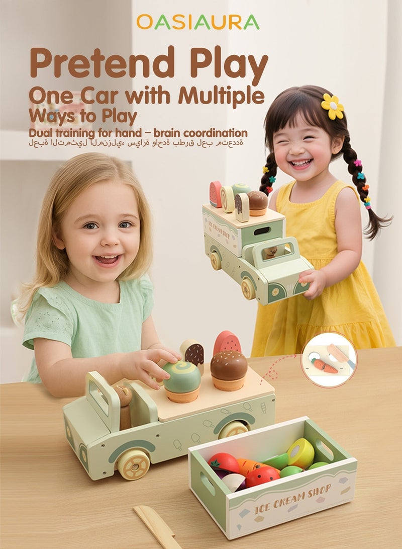 OASIAURA 3 in 1 Wooden Ice Cream Car & Fruit Cutting Playset for Toddlers, Pretend Play Food & Ice Cream Shop Toy with Rolling Wheels, Portable Storage Box, Macaron Green, Educational Kitchen Play Toys for Kids Ages 2-6 - Image 1