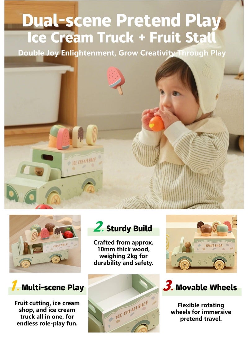 OASIAURA 3 in 1 Wooden Ice Cream Car & Fruit Cutting Playset for Toddlers, Pretend Play Food & Ice Cream Shop Toy with Rolling Wheels, Portable Storage Box, Macaron Green, Educational Kitchen Play Toys for Kids Ages 2-6 - Image 3