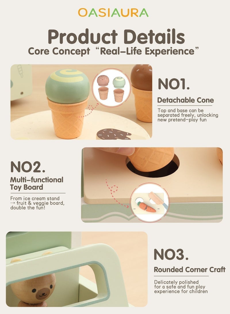 OASIAURA 3 in 1 Wooden Ice Cream Car & Fruit Cutting Playset for Toddlers, Pretend Play Food & Ice Cream Shop Toy with Rolling Wheels, Portable Storage Box, Macaron Green, Educational Kitchen Play Toys for Kids Ages 2-6 - Image 4