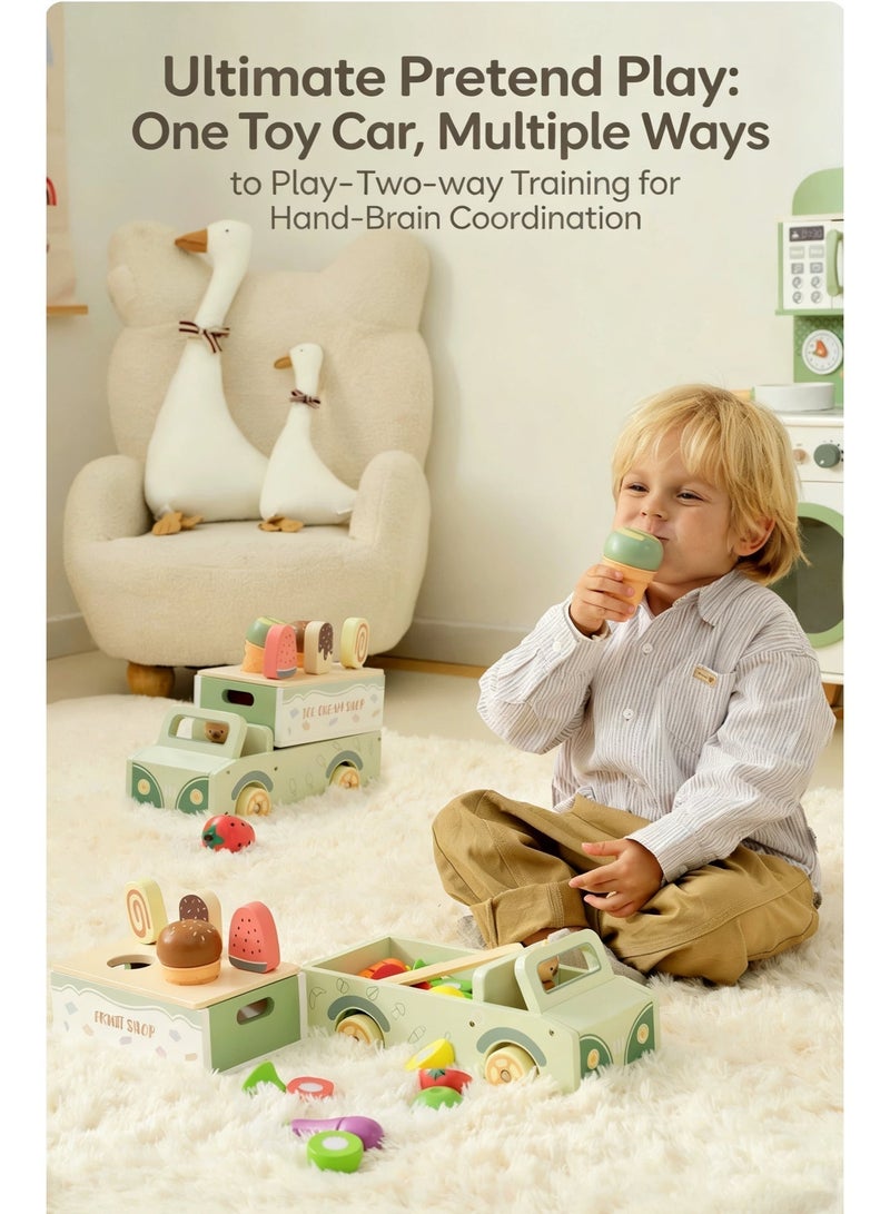 OASIAURA 3 in 1 Wooden Ice Cream Car & Fruit Cutting Playset for Toddlers, Pretend Play Food & Ice Cream Shop Toy with Rolling Wheels, Portable Storage Box, Macaron Green, Educational Kitchen Play Toys for Kids Ages 2-6 - Image 5