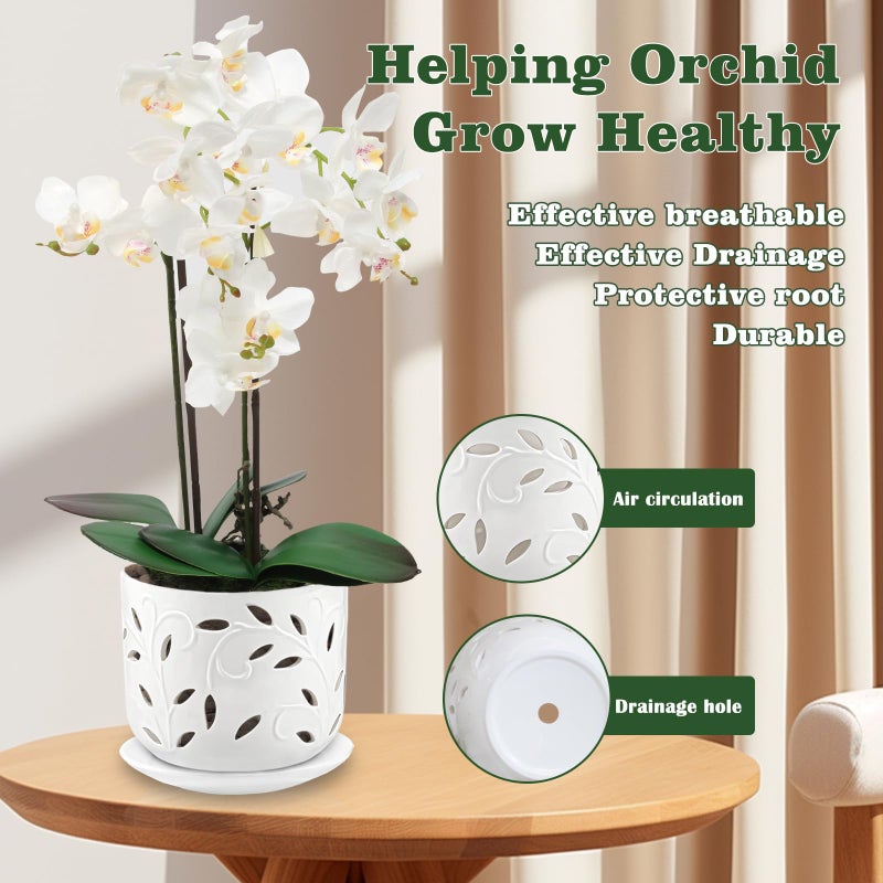 BUYMAX 5 inch&6 inch Orchid Pots with Holes & Removable Trays, White Ceramic Pots for Plants, Effective Drainage and Ventilation for Orchid Root Health to Assist New Plants or Repotting - Image 4
