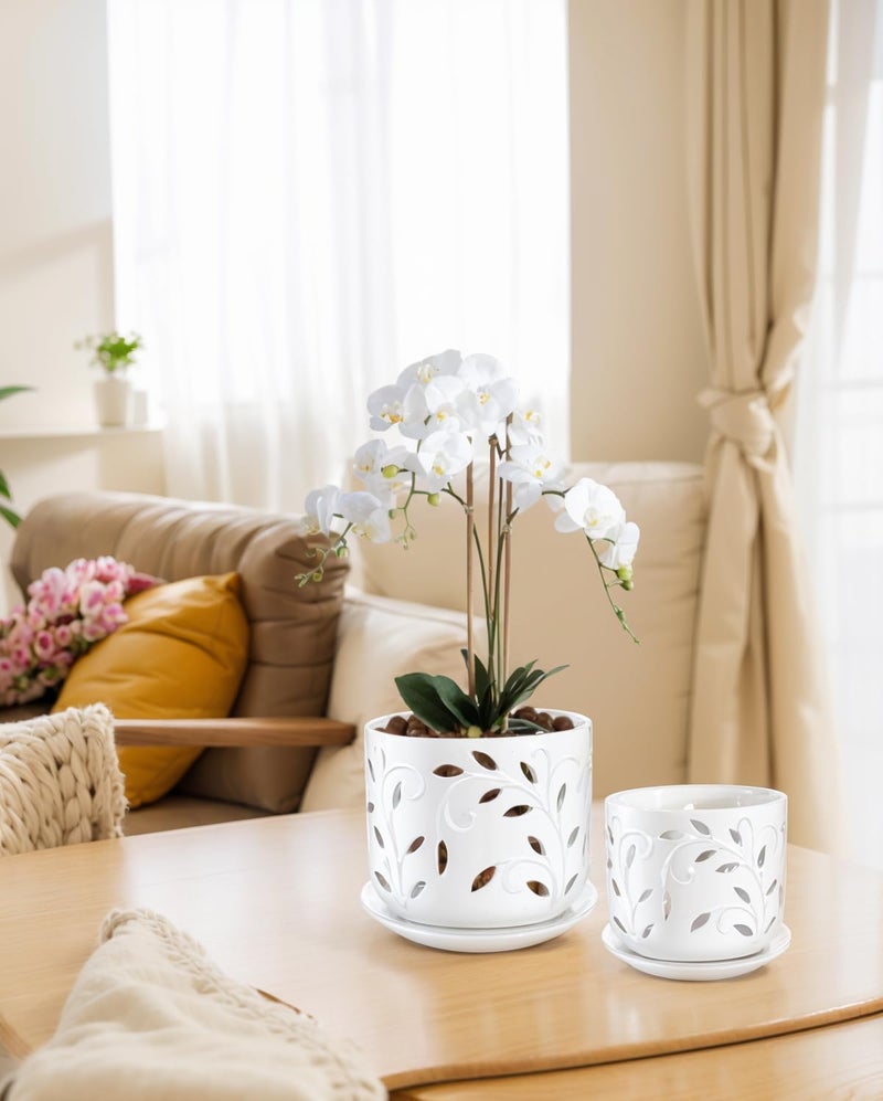 BUYMAX 5 inch&6 inch Orchid Pots with Holes & Removable Trays, White Ceramic Pots for Plants, Effective Drainage and Ventilation for Orchid Root Health to Assist New Plants or Repotting - Image 2