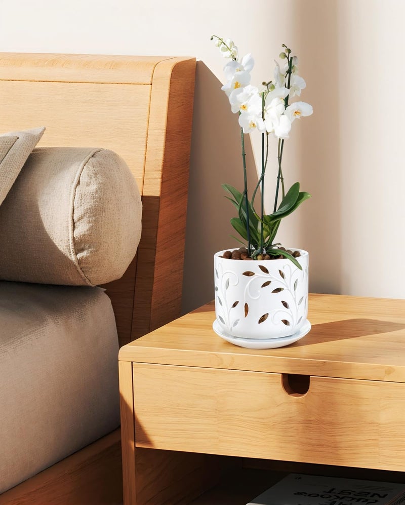 BUYMAX 5 inch&6 inch Orchid Pots with Holes & Removable Trays, White Ceramic Pots for Plants, Effective Drainage and Ventilation for Orchid Root Health to Assist New Plants or Repotting - Image 3