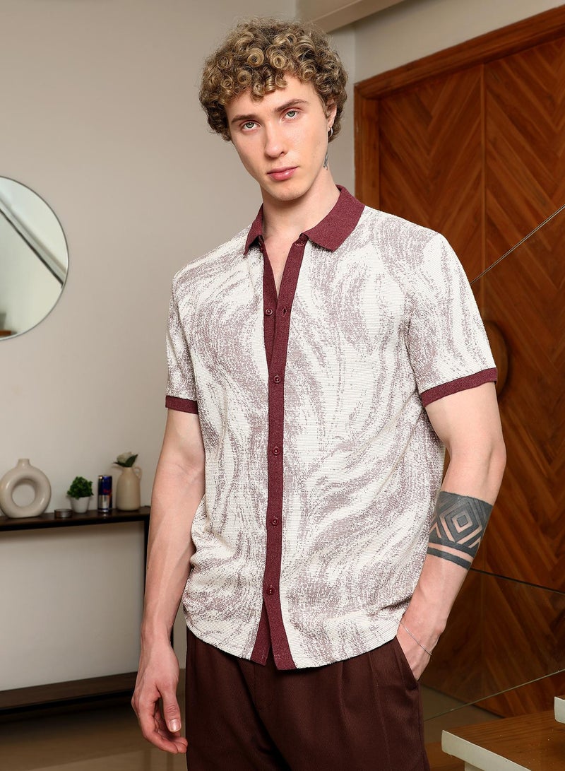 Campus Sutra Men's Textured Cotton Blend Shirt With Maroon Accents  - Image 3