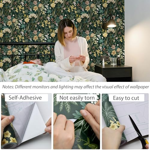 Lativo Floral Peel and Stick Wallpaper Vintage Floral Contact Paper for Cabinets Drawers Liner Boho Contact Paper Dark Green Leaf Flower Removable Self Adhesive Wallpaper for Bedroom 173inW197inL - Image 3