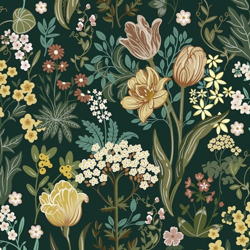 Lativo Floral Peel and Stick Wallpaper Vintage Floral Contact Paper for Cabinets Drawers Liner Boho Contact Paper Dark Green Leaf Flower Removable Self Adhesive Wallpaper for Bedroom 173inW197inL - Image 1
