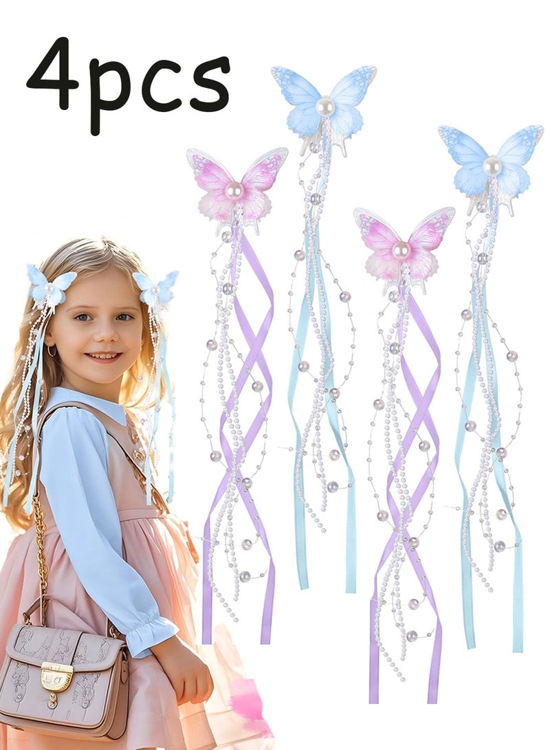 4 Pcs Butterfly Hair Clips With Tassel Bow Pins Non Slip Hair Barrettes Cute Fairy Hair Accessories For Girls Wedding Prom Blue Purple - Image 1