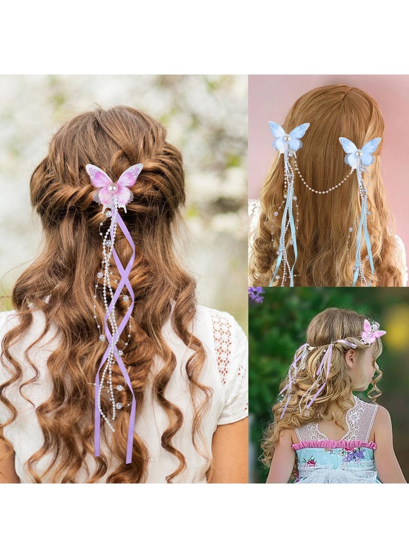 4 Pcs Butterfly Hair Clips With Tassel Bow Pins Non Slip Hair Barrettes Cute Fairy Hair Accessories For Girls Wedding Prom Blue Purple - Image 2