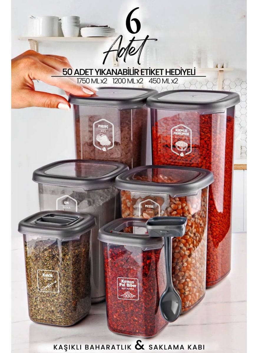 Kitchen Life مجموعة حاويات تخزين الطعام المربعة المصنفة 6 قطع ورف التوابل مع ملعقة (1750 مل + 1200 مل + 450 مل)  - Image 1