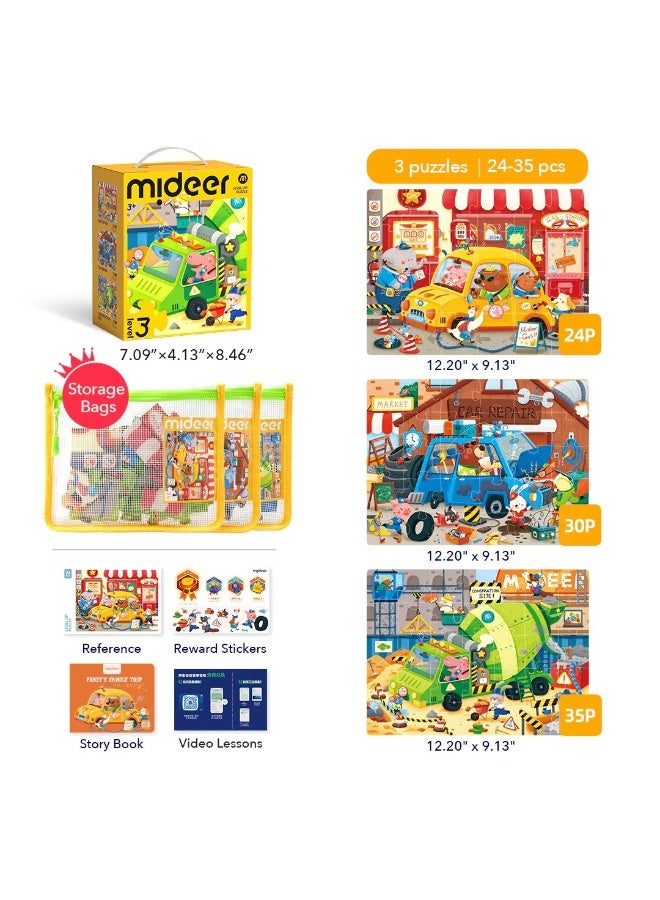 MiDeer Level Up City Teamers Puzzle Set with Storage Bag Level 3, 3 Progressive Jigsaw Puzzles for Kids 3+, 24-35 Piece Educational Animal City Puzzle Game with Vehicles & Community Scenes - Image 1