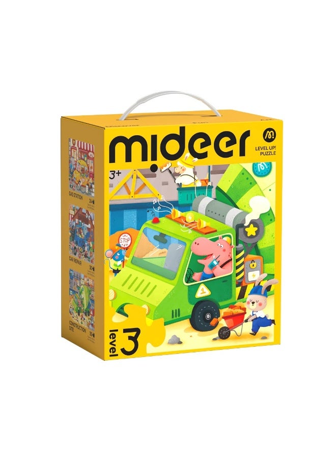 MiDeer Level Up City Teamers Puzzle Set with Storage Bag Level 3, 3 Progressive Jigsaw Puzzles for Kids 3+, 24-35 Piece Educational Animal City Puzzle Game with Vehicles & Community Scenes - Image 2