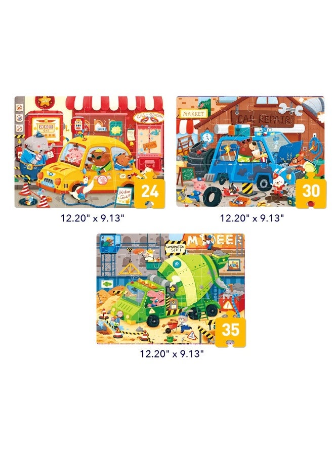 MiDeer Level Up City Teamers Puzzle Set with Storage Bag Level 3, 3 Progressive Jigsaw Puzzles for Kids 3+, 24-35 Piece Educational Animal City Puzzle Game with Vehicles & Community Scenes - Image 3