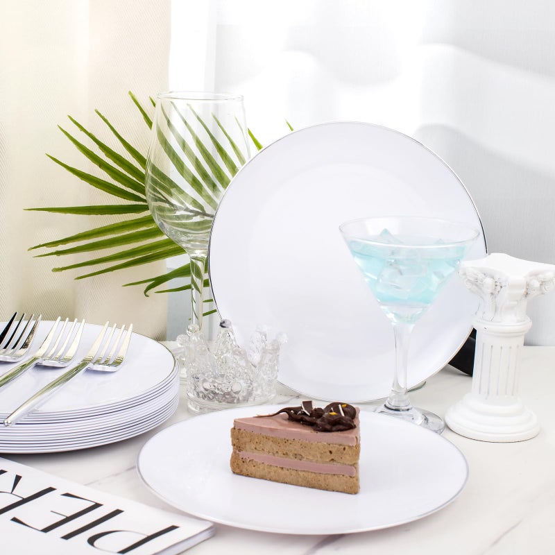 Rubtlamp 100Pcs Silver Plastic Dessert Plates 7.5inch 100Pcs Disposable Silver Forks White Plastic Plates With Silver Rim  Small Plastic Plates Dessert Plates With Forks for Appetizer Cake - Image 3