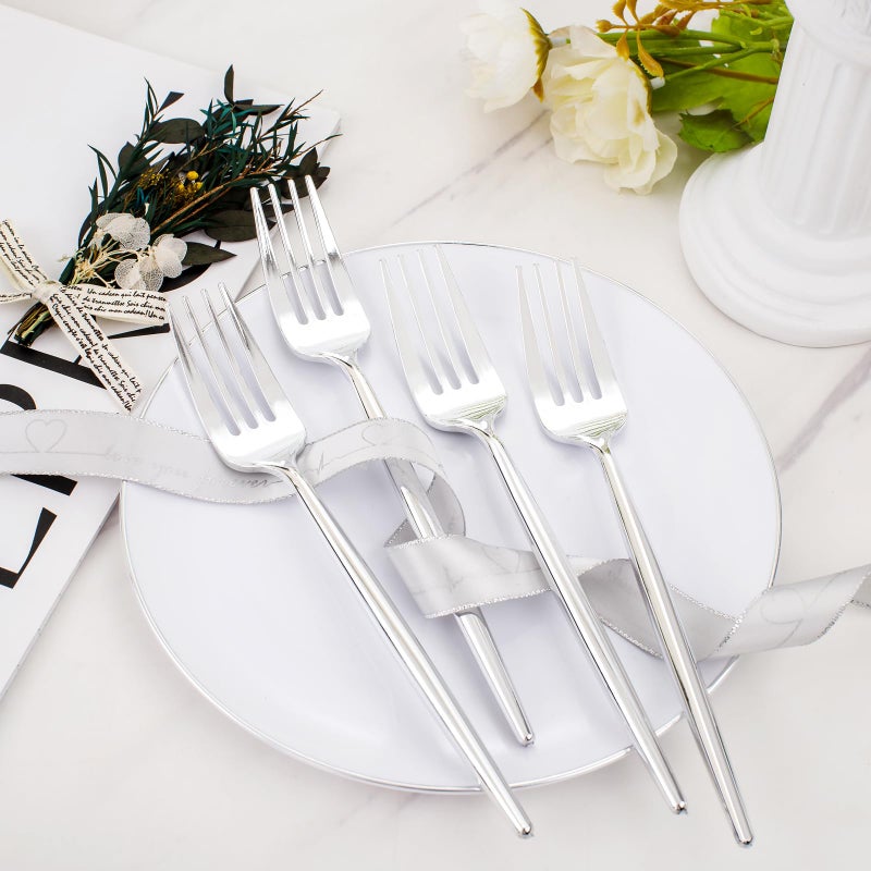 Rubtlamp 100Pcs Silver Plastic Dessert Plates 7.5inch 100Pcs Disposable Silver Forks White Plastic Plates With Silver Rim  Small Plastic Plates Dessert Plates With Forks for Appetizer Cake - Image 4