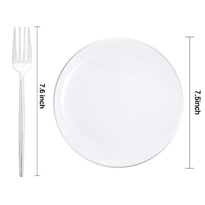 Rubtlamp 100Pcs Silver Plastic Dessert Plates 7.5inch 100Pcs Disposable Silver Forks White Plastic Plates With Silver Rim  Small Plastic Plates Dessert Plates With Forks for Appetizer Cake - Image 2