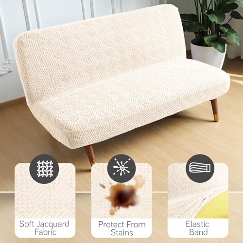 HOKIPO Spandex Jacquard Armless Sofa Cover for Folding Sofa Bed, Stretchable Futon Slipcover, Elastic Sofa Cum Bed Protector, Washable, Easy Fit & Stylish Design, Large, Taupe Brown (AR-6036-KHK) - Image 5