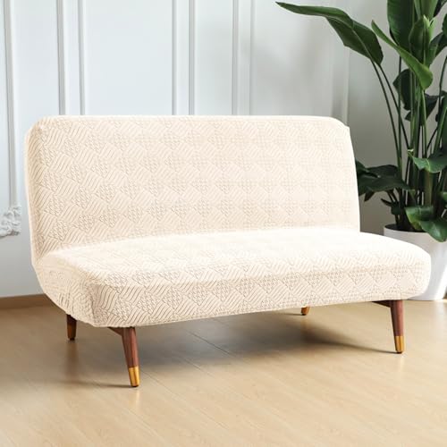 HOKIPO Spandex Jacquard Armless Sofa Cover for Folding Sofa Bed, Stretchable Futon Slipcover, Elastic Sofa Cum Bed Protector, Washable, Easy Fit & Stylish Design, Large, Taupe Brown (AR-6036-KHK) - Image 1