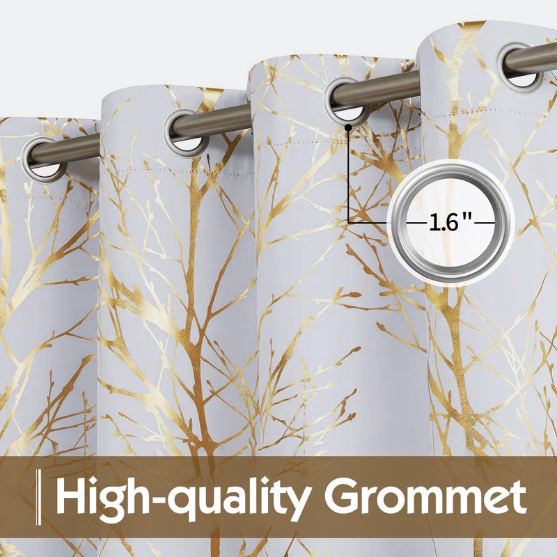 FMFUNCTEX 100% Blackout Curtains White Gold Tree for Living Room, Curtains 84 Inches Long Foil Branch Patterned Panels for Bedroom, Thermal Insulated Drapes for Home Office Grommet Top 2 Panels - Image 3