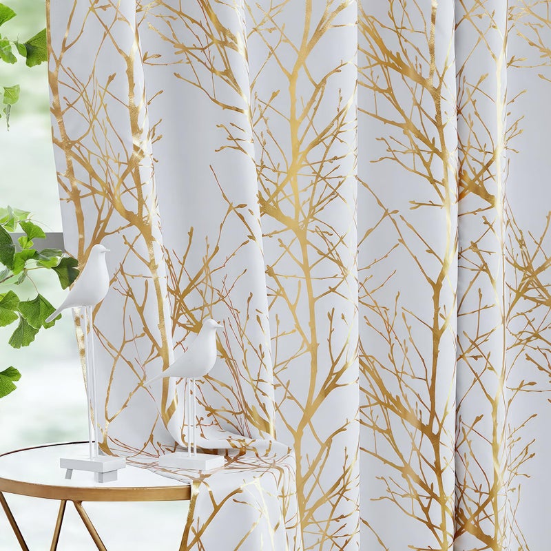 FMFUNCTEX 100% Blackout Curtains White Gold Tree for Living Room, Curtains 84 Inches Long Foil Branch Patterned Panels for Bedroom, Thermal Insulated Drapes for Home Office Grommet Top 2 Panels - Image 1