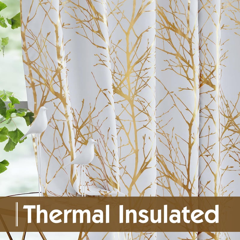 FMFUNCTEX 100% Blackout Curtains White Gold Tree for Living Room, Curtains 84 Inches Long Foil Branch Patterned Panels for Bedroom, Thermal Insulated Drapes for Home Office Grommet Top 2 Panels - Image 5