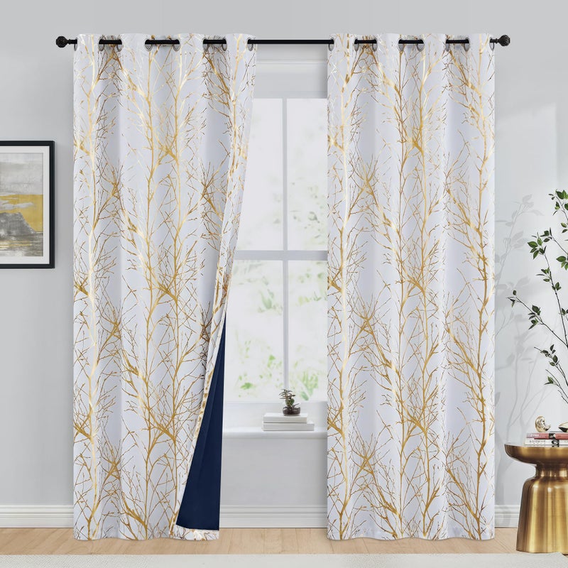 FMFUNCTEX 100% Blackout Curtains White Gold Tree for Living Room, Curtains 84 Inches Long Foil Branch Patterned Panels for Bedroom, Thermal Insulated Drapes for Home Office Grommet Top 2 Panels - Image 2