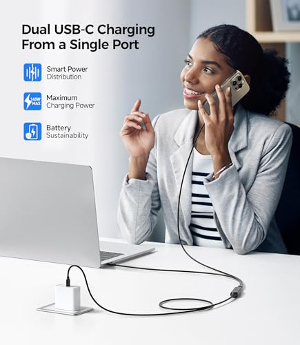 Cable Matters Braided 2in1 USB C to USB C Cable 6ft 140W Smart Power Allocation for Laptops and Phones Supports Charging Data Transfer USBC Power Splitter Works with MacBook iPad iPhone - Image 3