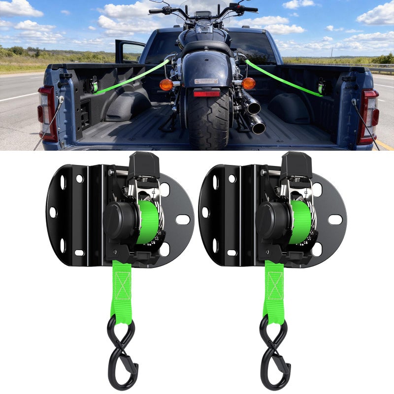 Kingfun Retractable Ratchet Straps for 2015-2026 Ford F150 Accessories, Self Retracting Tie Down Straps (2-Pack), 1,500lb Break Strength Heavy Duty Truck Bed Securing System, 1 Inch x 10 Feet, Green - Image 1