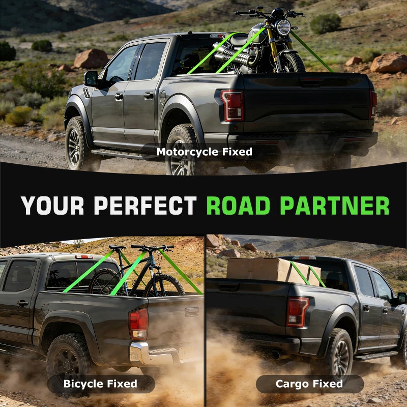 Kingfun Retractable Ratchet Straps for 2015-2026 Ford F150 Accessories, Self Retracting Tie Down Straps (2-Pack), 1,500lb Break Strength Heavy Duty Truck Bed Securing System, 1 Inch x 10 Feet, Green - Image 2