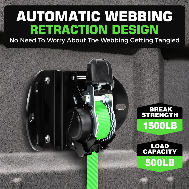 Kingfun Retractable Ratchet Straps for 2015-2026 Ford F150 Accessories, Self Retracting Tie Down Straps (2-Pack), 1,500lb Break Strength Heavy Duty Truck Bed Securing System, 1 Inch x 10 Feet, Green - Image 3