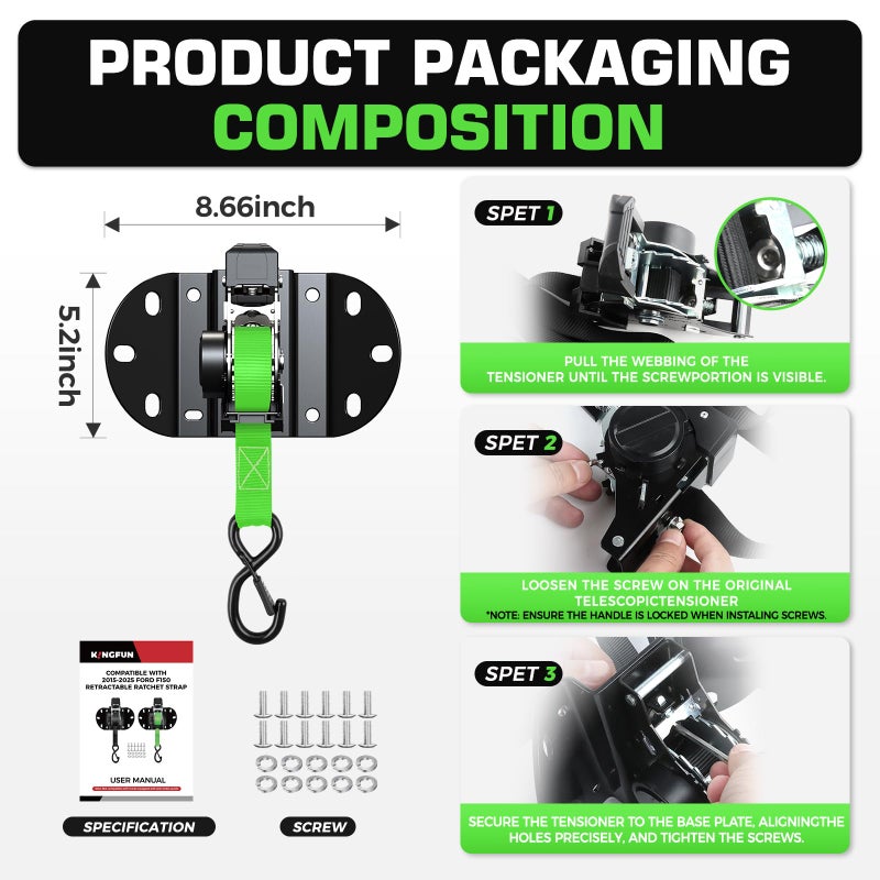 Kingfun Retractable Ratchet Straps for 2015-2026 Ford F150 Accessories, Self Retracting Tie Down Straps (2-Pack), 1,500lb Break Strength Heavy Duty Truck Bed Securing System, 1 Inch x 10 Feet, Green - Image 5