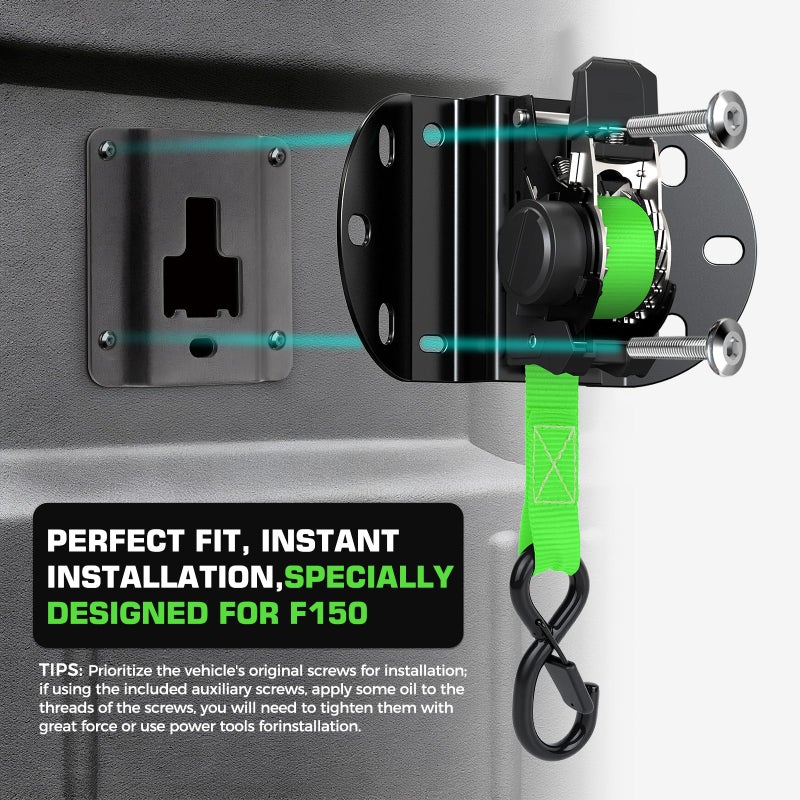 Kingfun Retractable Ratchet Straps for 2015-2026 Ford F150 Accessories, Self Retracting Tie Down Straps (2-Pack), 1,500lb Break Strength Heavy Duty Truck Bed Securing System, 1 Inch x 10 Feet, Green - Image 4