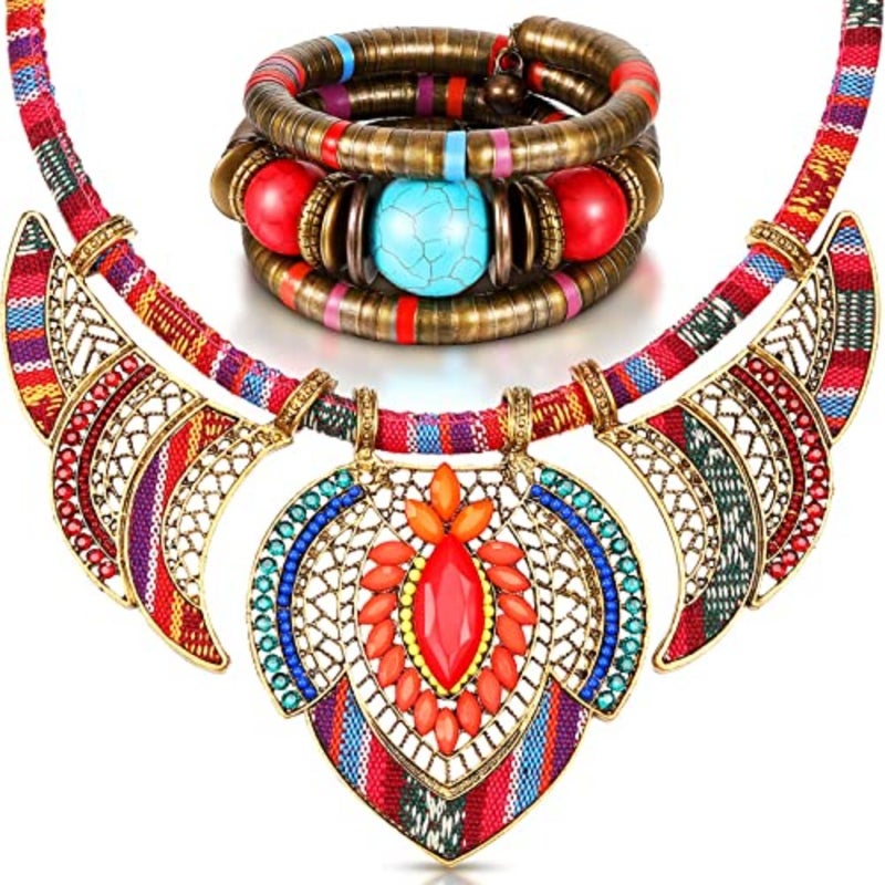 SYOSI Beaded Choker Bracelet,,Ethnic Style Tribal Beads Necklace Chunky Colorful Collar Bib Necklace Costume Necklace and African Tribal Bracelet Bohemian Wristband - Image 1
