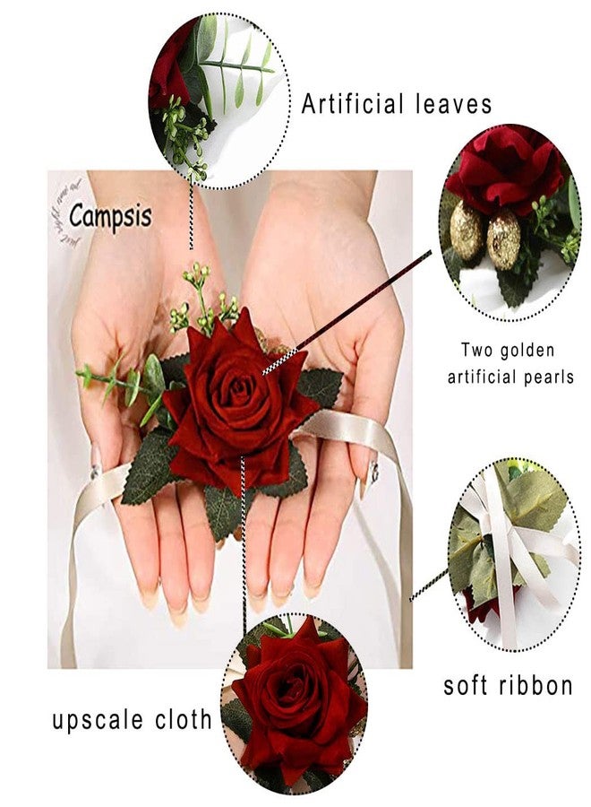 Campsis Red Rose Wrist Corsage, Gold-Accented Artificial Flowers with Satin Ribbon, Set of 2, Wedding and Prom Formal Wear - Image 5