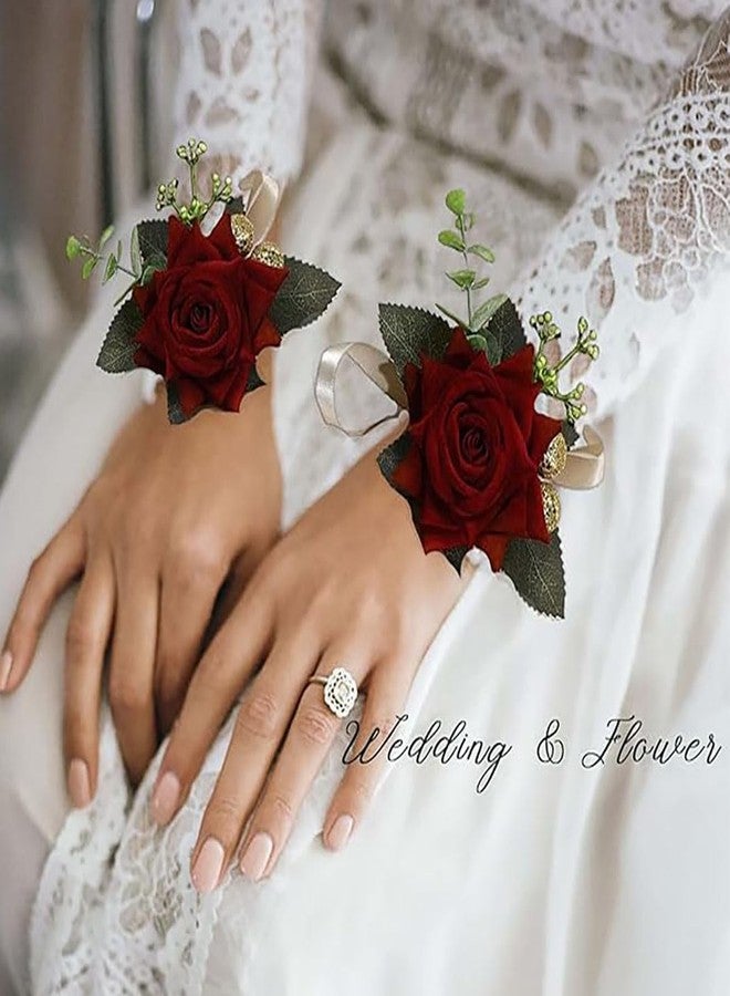 Campsis Red Rose Wrist Corsage, Gold-Accented Artificial Flowers with Satin Ribbon, Set of 2, Wedding and Prom Formal Wear - Image 2