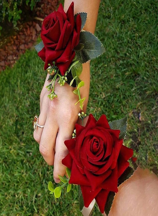 Campsis Red Rose Wrist Corsage, Gold-Accented Artificial Flowers with Satin Ribbon, Set of 2, Wedding and Prom Formal Wear - Image 3