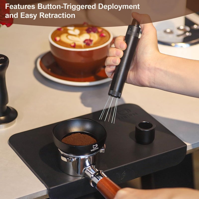 MEION Retractable WDT Espresso Distribution Tool Espresso Stirrer Tools, 0.35mm 6 Needles Coffee Distributor with Extra 6 Replaceable Needles, Espresso Machine Accessories for Barista (Black, V1) - Image 2