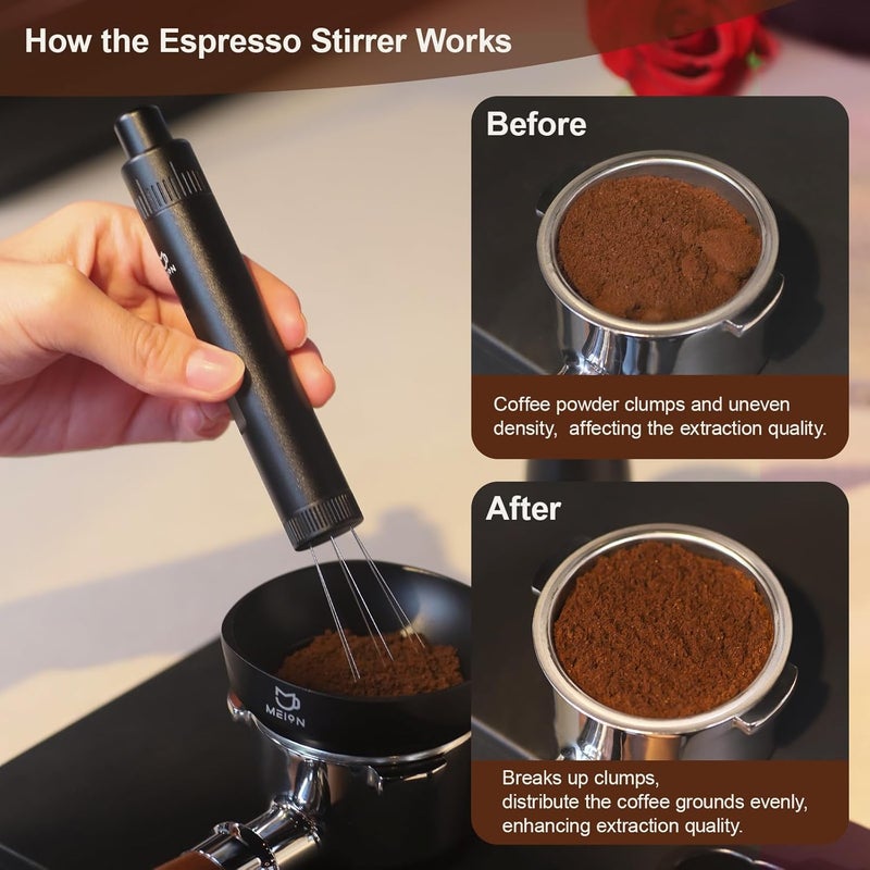 MEION Retractable WDT Espresso Distribution Tool Espresso Stirrer Tools, 0.35mm 6 Needles Coffee Distributor with Extra 6 Replaceable Needles, Espresso Machine Accessories for Barista (Black, V1) - Image 3