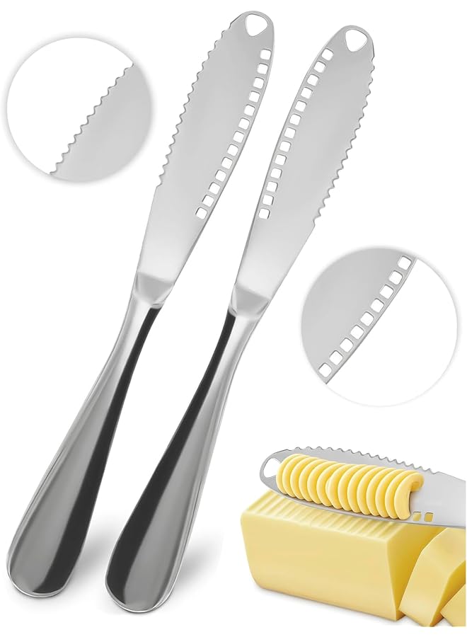 S-TOP 2 PCS Butter Spreader Knife - Multifunctional Silver Knife for Cold Butter - Stainless Steel Spreader with Serrated Edge - 3 in 1 Kitchen Gadgets Curler & Butter Grater - Image 1