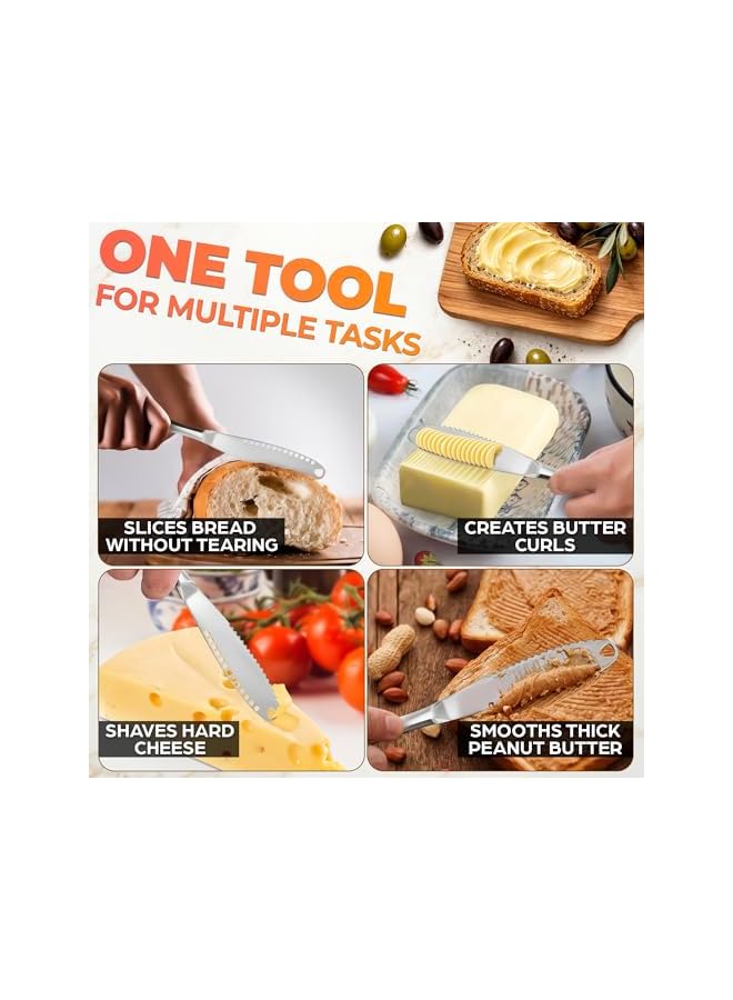 S-TOP 2 PCS Butter Spreader Knife - Multifunctional Silver Knife for Cold Butter - Stainless Steel Spreader with Serrated Edge - 3 in 1 Kitchen Gadgets Curler & Butter Grater - Image 3