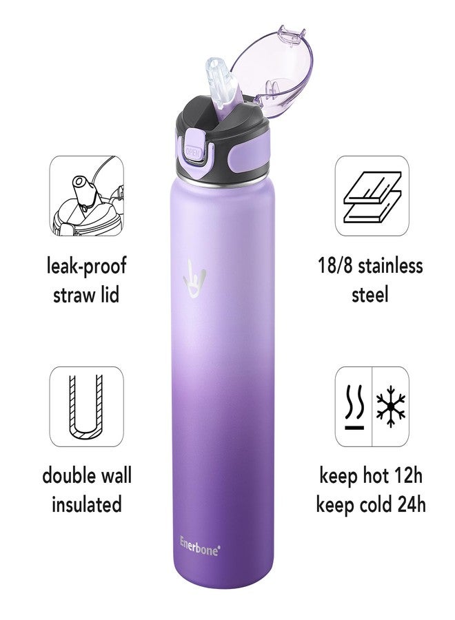 Enerbone زجاجة مياه معزولة من إنيربوين، سعة 32 أونصة، مصنوعة من الفولاذ المقاوم للصدأ، مزودة بحزام حمل، ترمس معزول بجدار مزدوج بتقنية التفريغ، زجاجة رياضية مانعة للتسرب مع ماصة، تحافظ على المشروبات ساخنة أو باردة لساعات. - Image 2